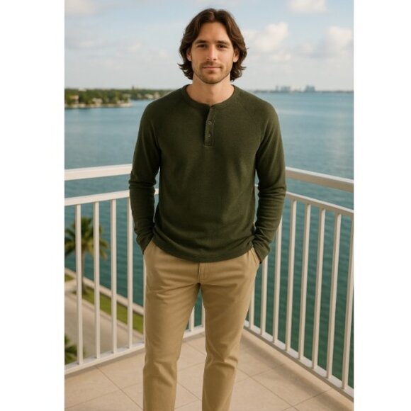 Tailor Vintage Dark Heather Green Men's Henley Shirt - Picture 3 of 9